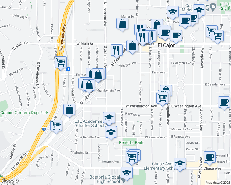 map of restaurants, bars, coffee shops, grocery stores, and more near 635 Chamberlain Avenue in El Cajon