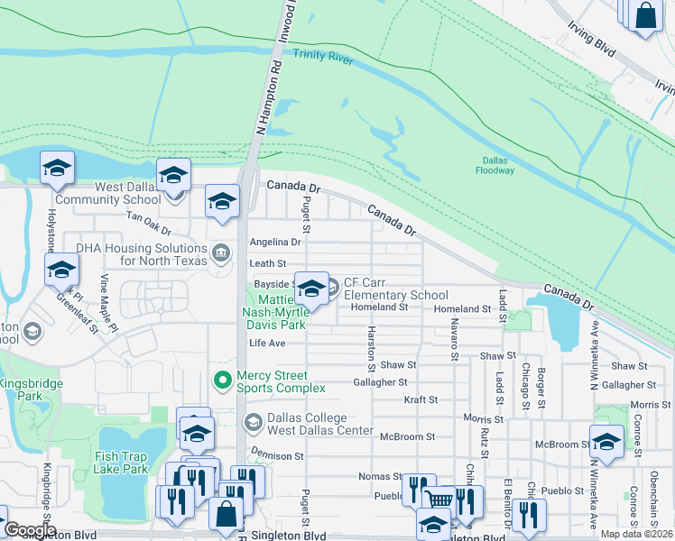 map of restaurants, bars, coffee shops, grocery stores, and more near 1938 Angelina Drive in Dallas