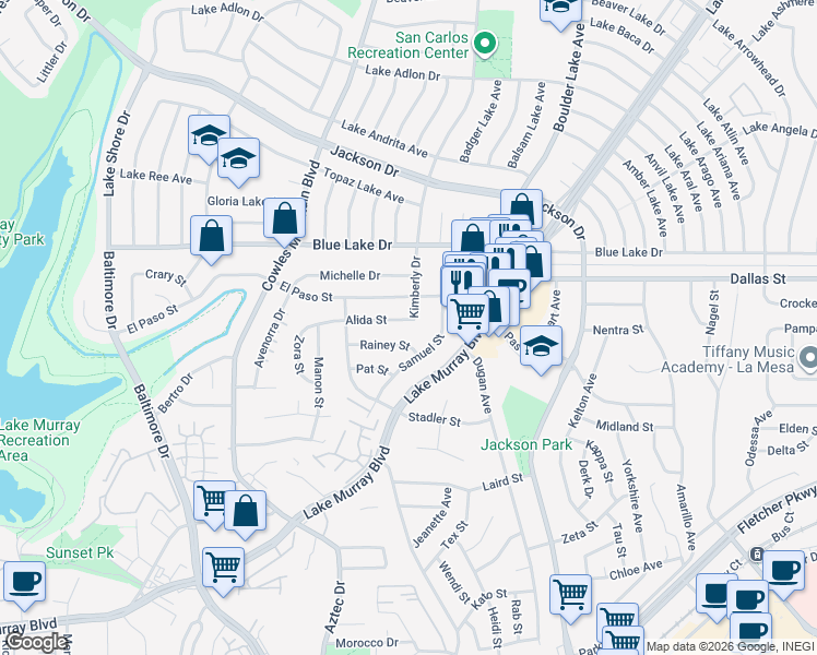 map of restaurants, bars, coffee shops, grocery stores, and more near 7995 El Paso Street in La Mesa