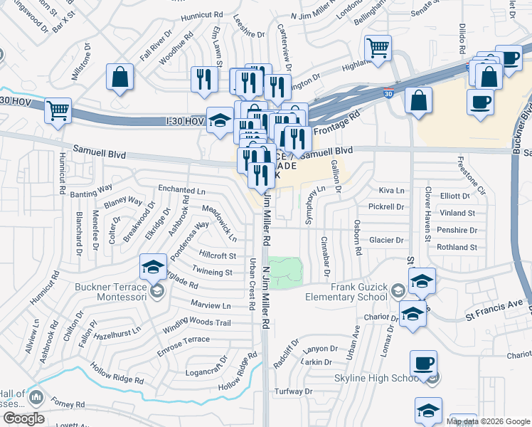 map of restaurants, bars, coffee shops, grocery stores, and more near 5440 North Jim Miller Road in Dallas