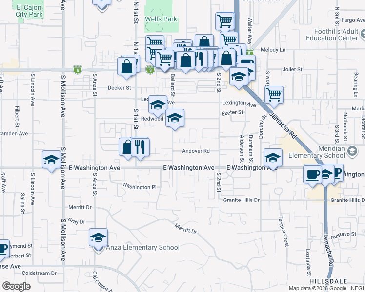 map of restaurants, bars, coffee shops, grocery stores, and more near 405 Ballard Street in El Cajon