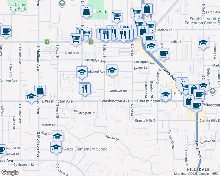 map of restaurants, bars, coffee shops, grocery stores, and more near 405 Ballard Street in El Cajon