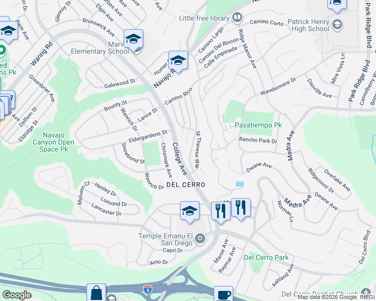 map of restaurants, bars, coffee shops, grocery stores, and more near 6150 Bernadette Lane in San Diego