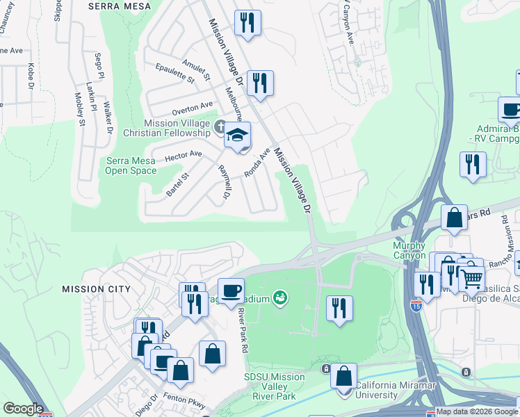 map of restaurants, bars, coffee shops, grocery stores, and more near 2460 Mammoth Drive in San Diego