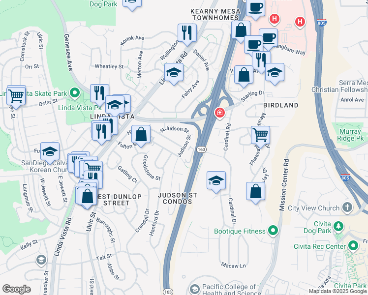 map of restaurants, bars, coffee shops, grocery stores, and more near 7468 Hyatt Street in San Diego