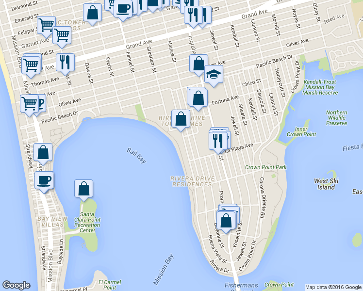 map of restaurants, bars, coffee shops, grocery stores, and more near 3916 Riviera Drive in San Diego