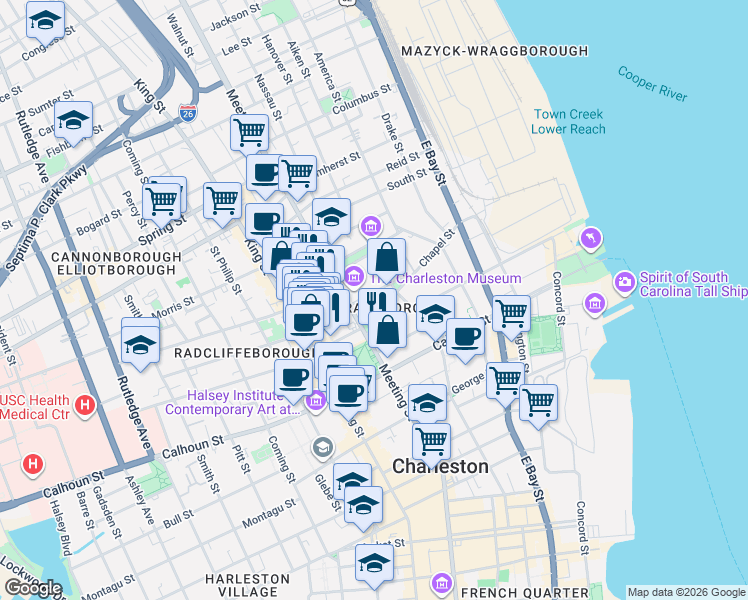 map of restaurants, bars, coffee shops, grocery stores, and more near 10 John Street in Charleston