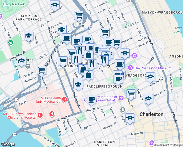 map of restaurants, bars, coffee shops, grocery stores, and more near 190 Coming Street in Charleston