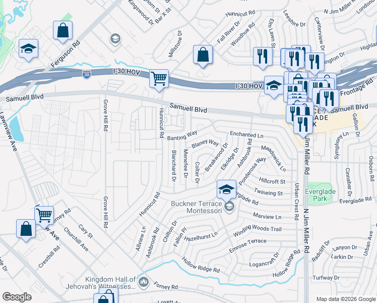 map of restaurants, bars, coffee shops, grocery stores, and more near 5311 Blaney Way in Dallas