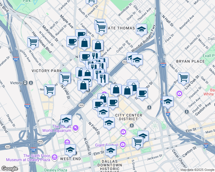 map of restaurants, bars, coffee shops, grocery stores, and more near 2121 North Pearl Street in Dallas