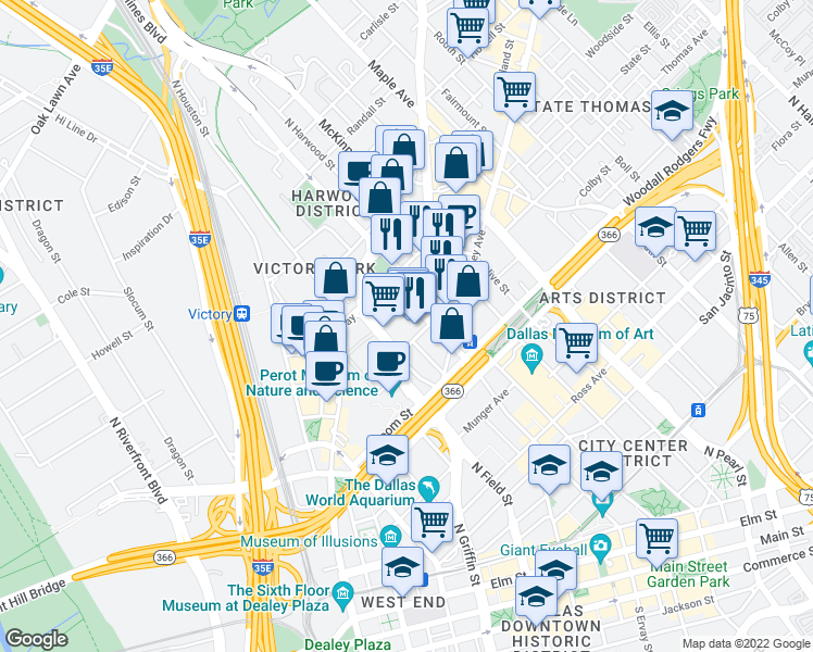 map of restaurants, bars, coffee shops, grocery stores, and more near 2012 Harry Hines Boulevard in Dallas