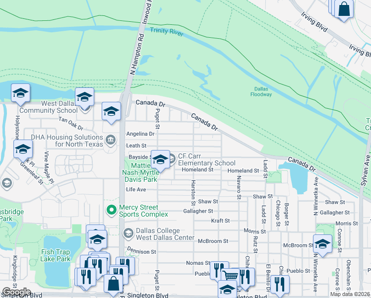 map of restaurants, bars, coffee shops, grocery stores, and more near 1900 Angelina Drive in Dallas