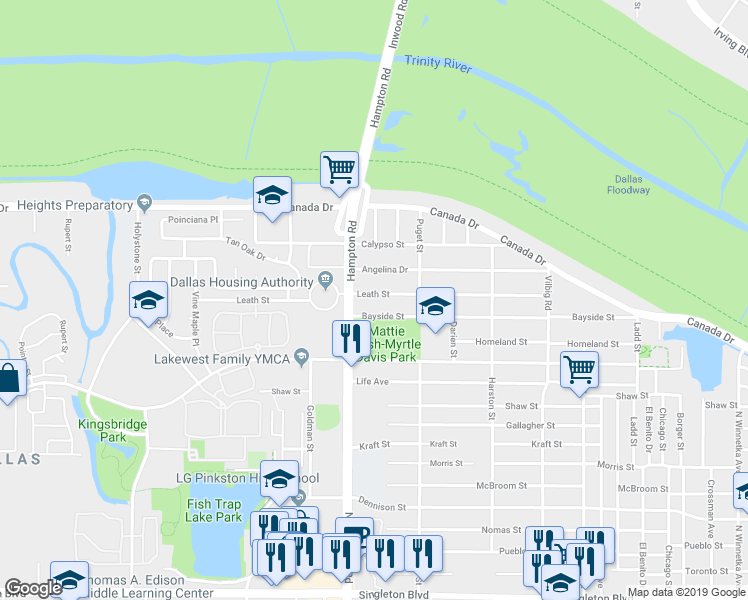 map of restaurants, bars, coffee shops, grocery stores, and more near 2038 Angelina Drive in Dallas