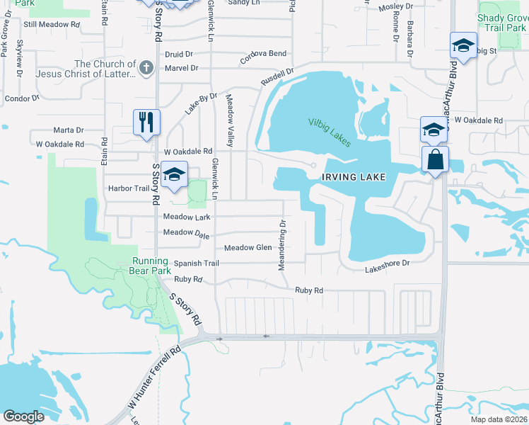 map of restaurants, bars, coffee shops, grocery stores, and more near 2021 Pebblebrook Trail in Irving