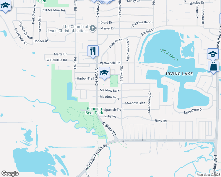 map of restaurants, bars, coffee shops, grocery stores, and more near 2221 Meadow Lark in Irving