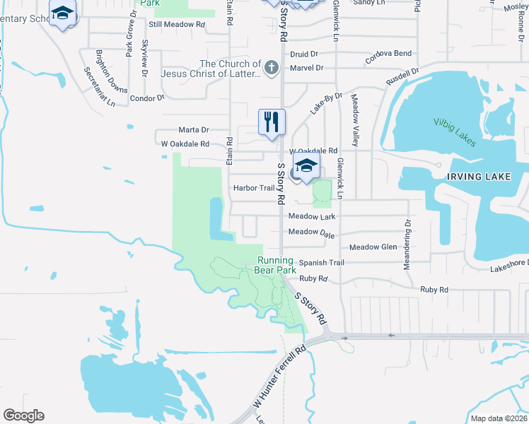 map of restaurants, bars, coffee shops, grocery stores, and more near 2413 Pebblebrook Trail in Irving