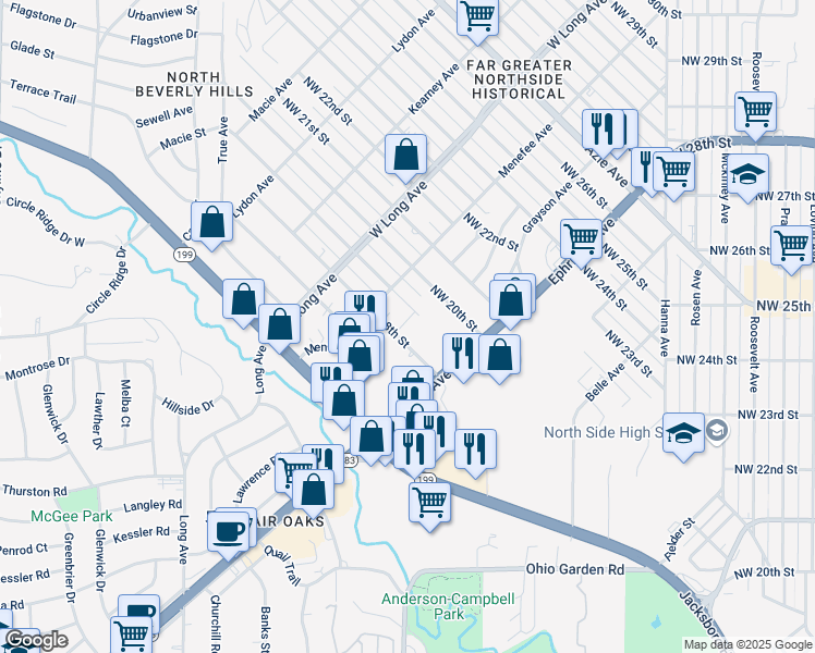 map of restaurants, bars, coffee shops, grocery stores, and more near 2516 Northwest 19th Street in Fort Worth