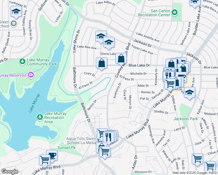 map of restaurants, bars, coffee shops, grocery stores, and more near 6060 Cowles Mountain Boulevard in La Mesa