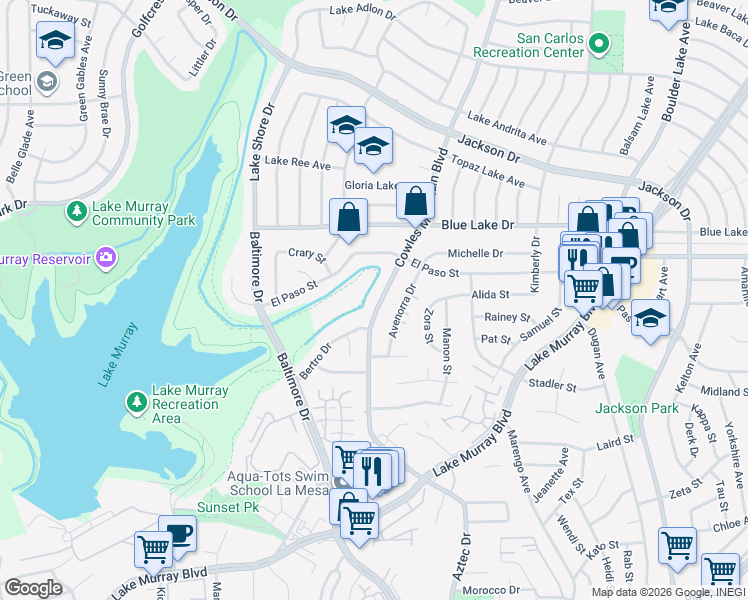 map of restaurants, bars, coffee shops, grocery stores, and more near 6060 Cowles Mountain Boulevard in La Mesa
