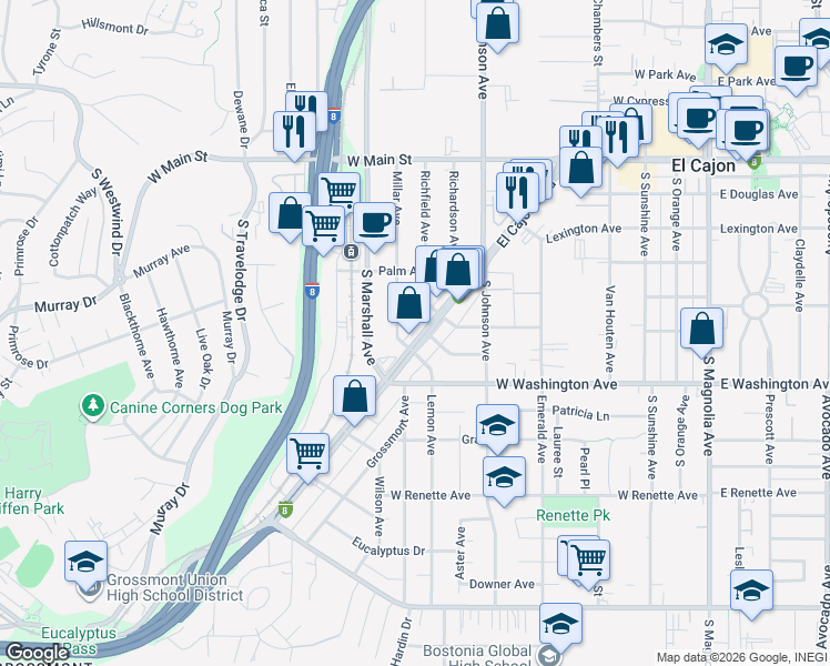 map of restaurants, bars, coffee shops, grocery stores, and more near 640 El Cajon Boulevard in El Cajon