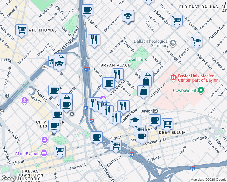 map of restaurants, bars, coffee shops, grocery stores, and more near 2798 Live Oak Street in Dallas