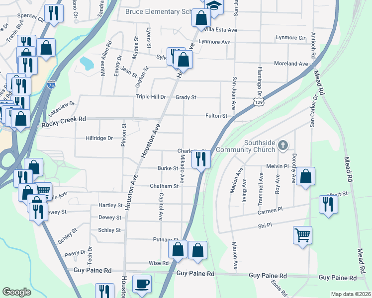 map of restaurants, bars, coffee shops, grocery stores, and more near 4172 Mikado Avenue in Macon