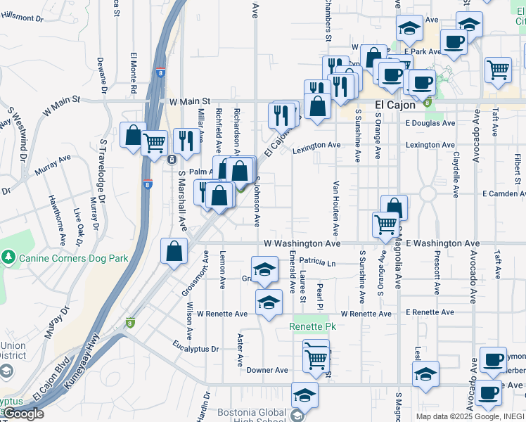map of restaurants, bars, coffee shops, grocery stores, and more near 681 Chamberlain Avenue in El Cajon