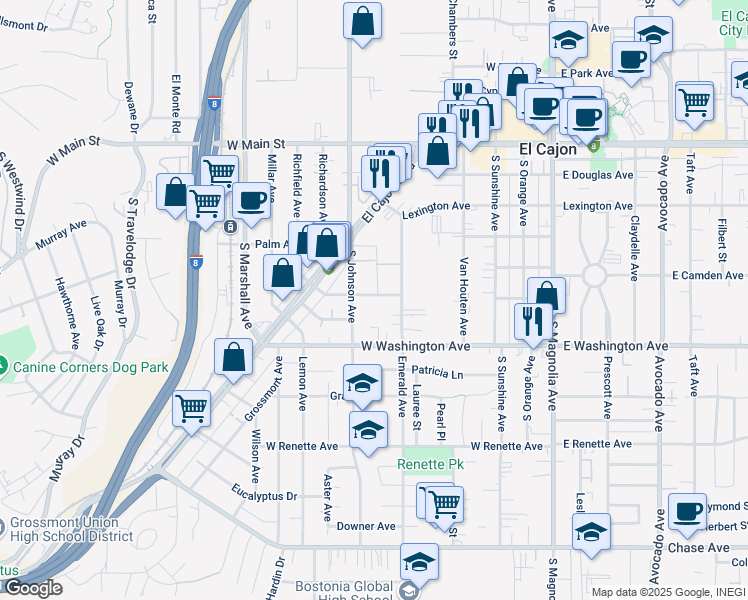 map of restaurants, bars, coffee shops, grocery stores, and more near 653 Chamberlain Avenue in El Cajon