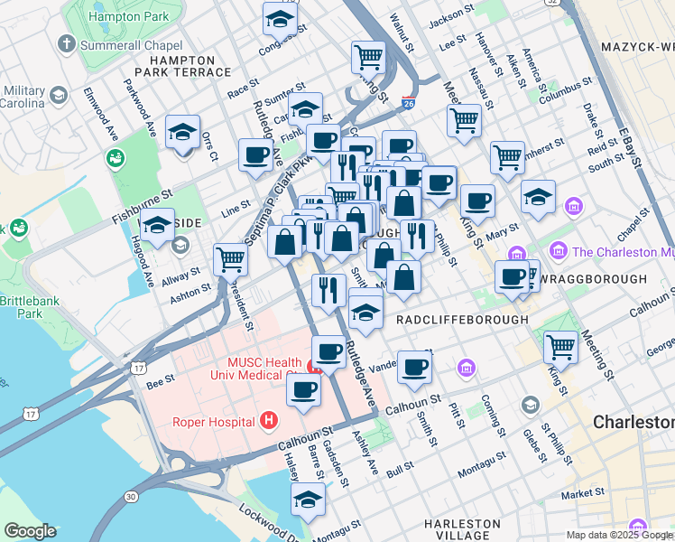 map of restaurants, bars, coffee shops, grocery stores, and more near in Charleston