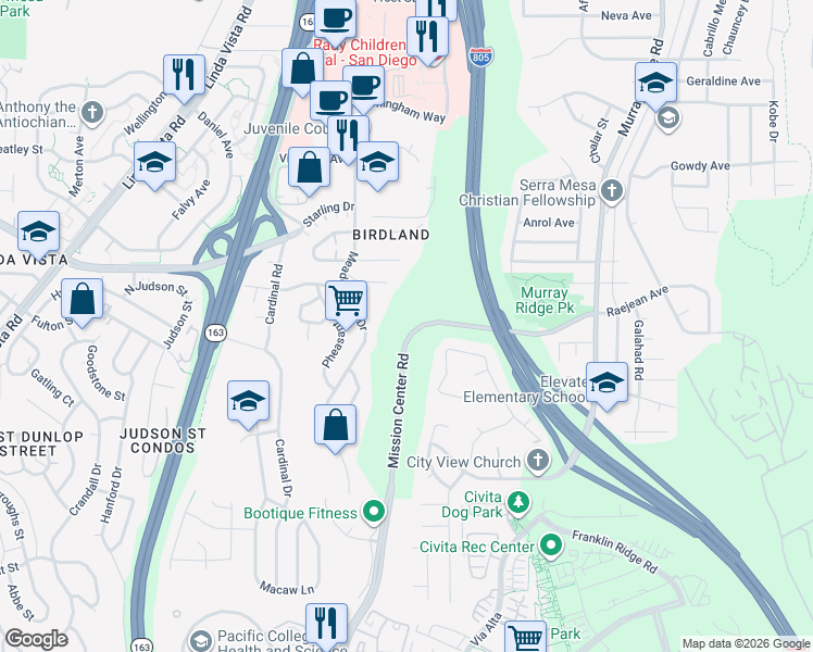 map of restaurants, bars, coffee shops, grocery stores, and more near 7932 Mission Center Road in San Diego