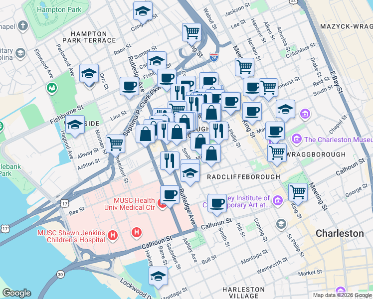 map of restaurants, bars, coffee shops, grocery stores, and more near 186 Smith Street in Charleston