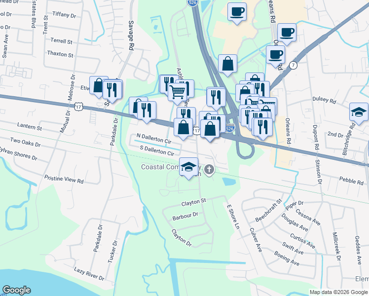 map of restaurants, bars, coffee shops, grocery stores, and more near 2130 North Dallerton Circle in Charleston