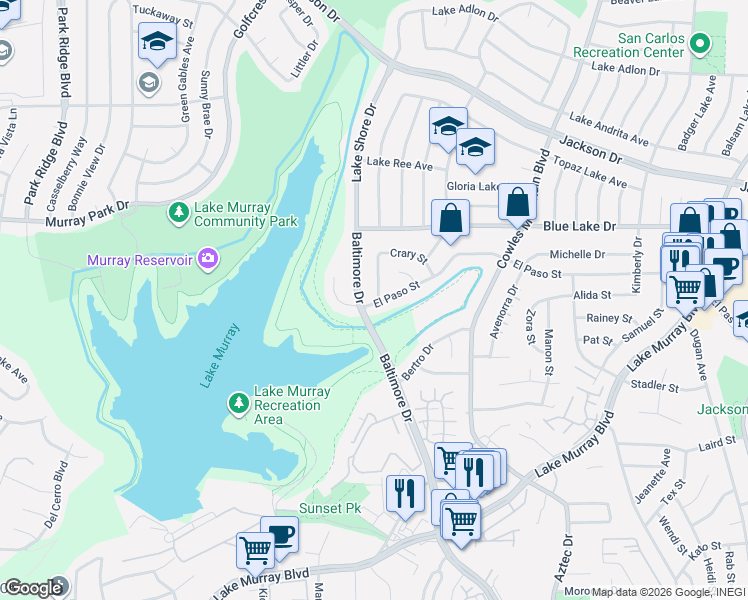map of restaurants, bars, coffee shops, grocery stores, and more near 6130 Haas Street in La Mesa