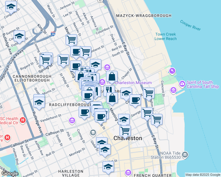 map of restaurants, bars, coffee shops, grocery stores, and more near 10 John Street in Charleston