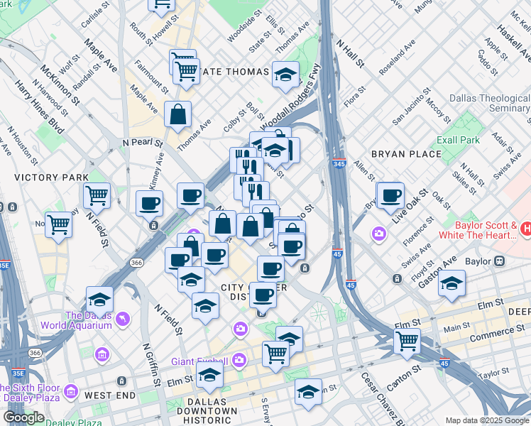 map of restaurants, bars, coffee shops, grocery stores, and more near 2323 Ross Avenue in Dallas
