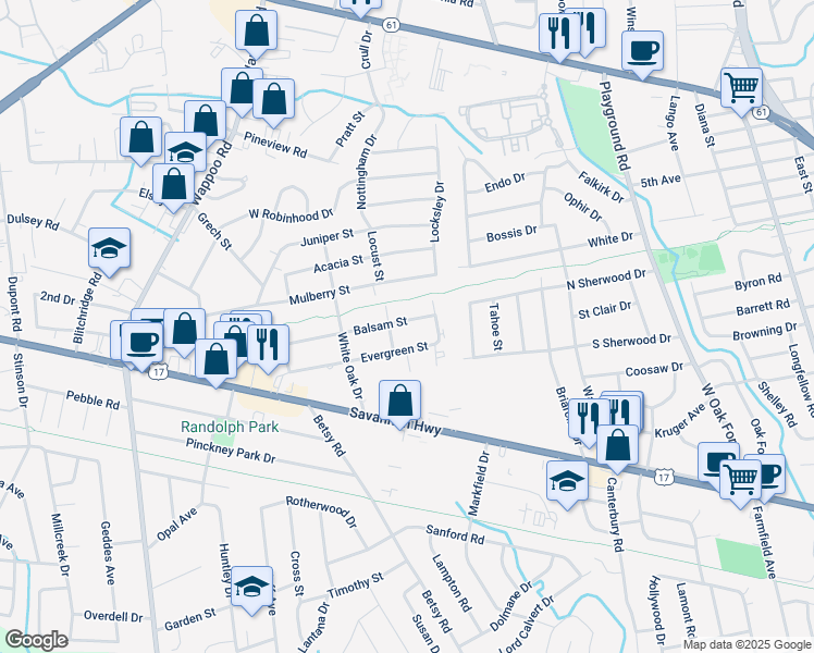 map of restaurants, bars, coffee shops, grocery stores, and more near 1519 Balsam Street in Charleston
