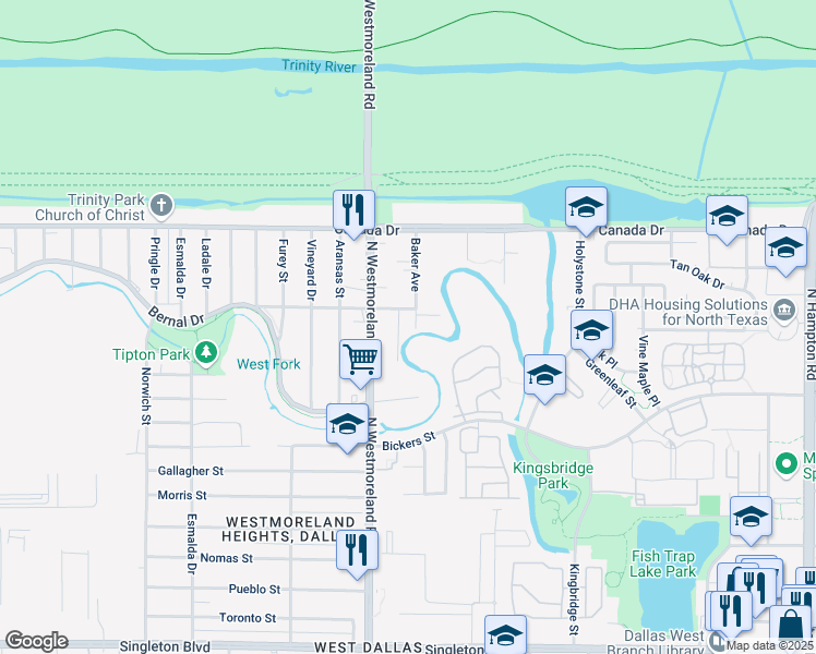 map of restaurants, bars, coffee shops, grocery stores, and more near 3200 Angelina Drive in Dallas