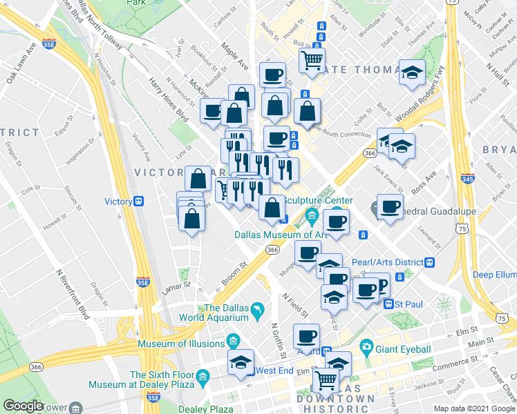 map of restaurants, bars, coffee shops, grocery stores, and more near 3051 North Saint Paul Street in Dallas