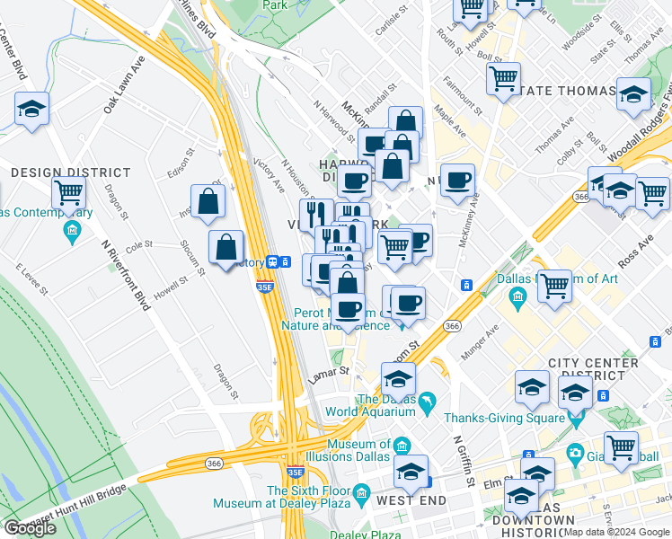 map of restaurants, bars, coffee shops, grocery stores, and more near 2601 Alamo Street in Dallas