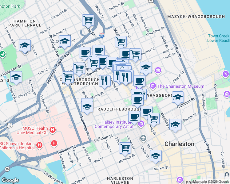 map of restaurants, bars, coffee shops, grocery stores, and more near 10 Morris Street in Charleston