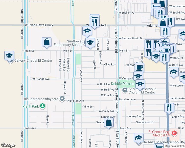 map of restaurants, bars, coffee shops, grocery stores, and more near 1821-1835 23rd Street in El Centro