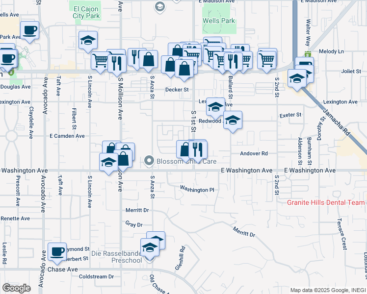 map of restaurants, bars, coffee shops, grocery stores, and more near 606 South 1st Street in El Cajon