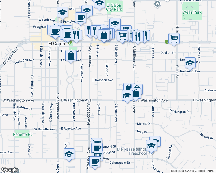 map of restaurants, bars, coffee shops, grocery stores, and more near 508 East Camden Avenue in El Cajon