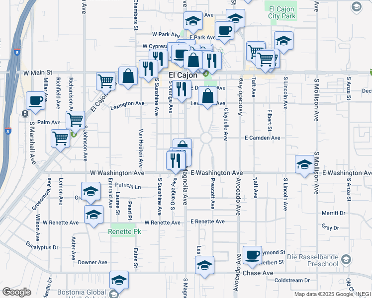 map of restaurants, bars, coffee shops, grocery stores, and more near in El Cajon