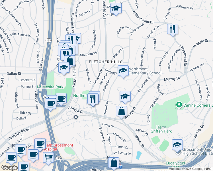 map of restaurants, bars, coffee shops, grocery stores, and more near 6130 Nancy Drive in La Mesa
