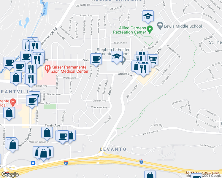 map of restaurants, bars, coffee shops, grocery stores, and more near 6435 50th Street in San Diego