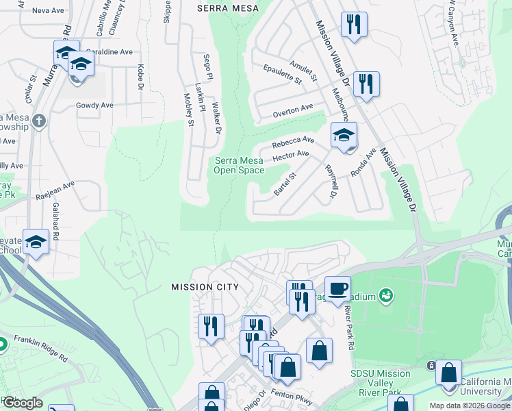 map of restaurants, bars, coffee shops, grocery stores, and more near 2469 Bartel Place in San Diego