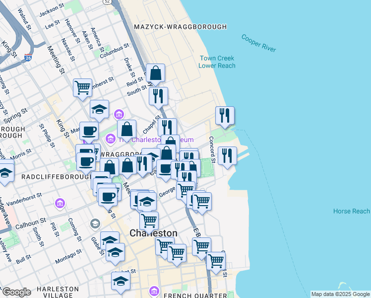 map of restaurants, bars, coffee shops, grocery stores, and more near in Charleston