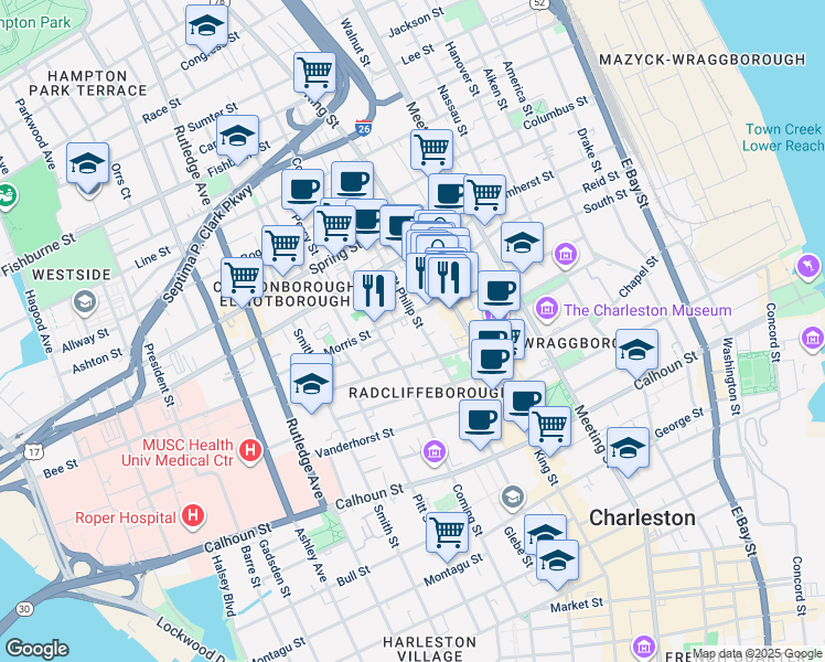 map of restaurants, bars, coffee shops, grocery stores, and more near 10 Morris Street in Charleston