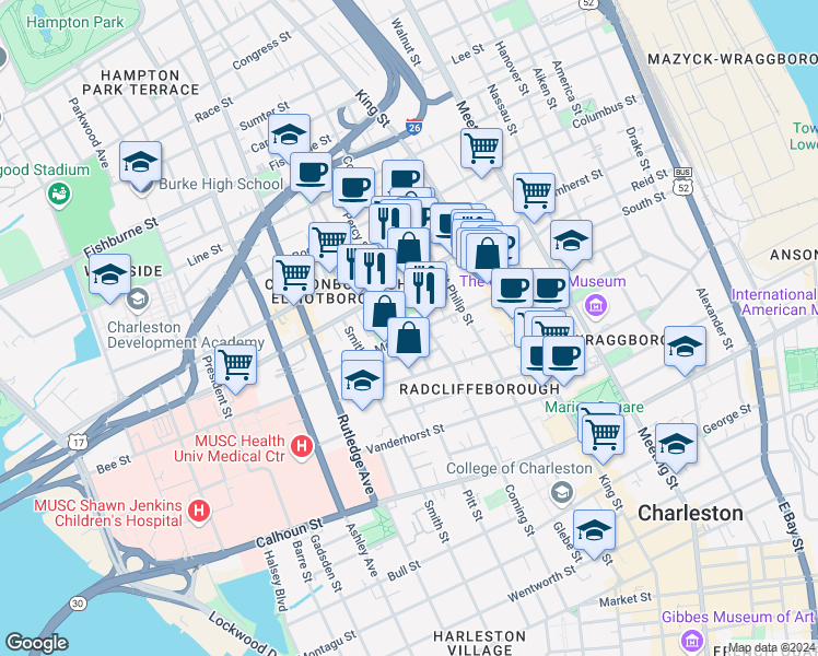 map of restaurants, bars, coffee shops, grocery stores, and more near 190 Coming Street in Charleston